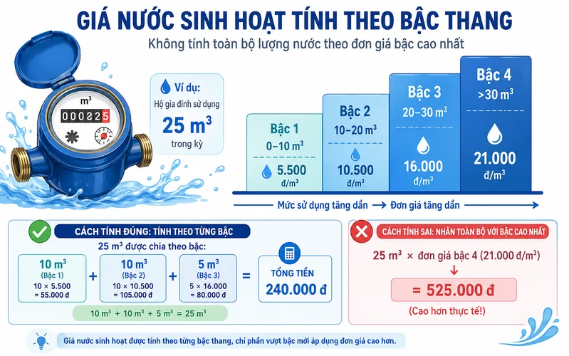 Giá nước được chia theo từng bậc thay vì lấy toàn bộ sản lượng nhân với mức cao nhất