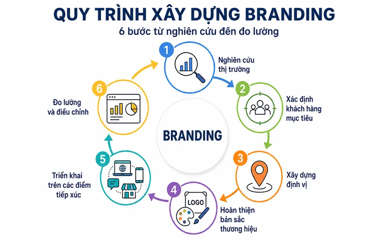 Quy trình xây dựng branding cần bắt đầu từ nghiên cứu, định vị và bản sắc trước khi triển khai đồng bộ trên các điểm tiếp xúc.